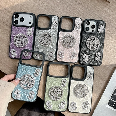 Luxury Faux Leather Phone Case With Rotating Rhinestone Dollar Sign Bling Bling Protective Cover Hip Hop Style
