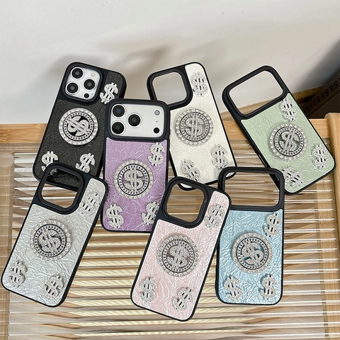 Luxury Faux Leather Phone Case With Rotating Rhinestone Dollar Sign Bling Bling Protective Cover Hip Hop Style