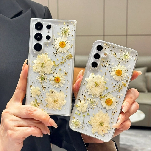 Clear Phone Case Real Dried Daisy Flower Gold Foil Inlay Aesthetic Floral Protective Cover For Smartphone