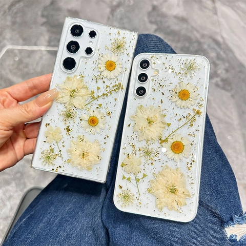 Clear Phone Case Real Dried Daisy Flower Gold Foil Inlay Aesthetic Floral Protective Cover For Smartphone