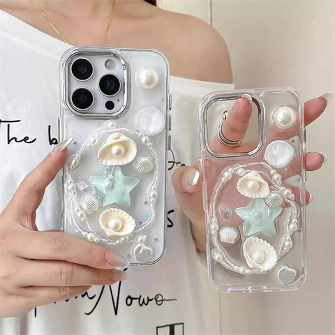 Funda Para Teléfono TPU Transparente 3D Perlas Artificiales Conchas Estrellas De Mar Purpurina Tema Océano Brillante Protectora