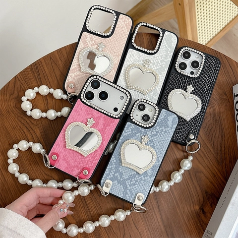 iPhone Case With Large Artificial Pearl Chain Strap Faux Snakeskin Leather Crown Makeup Mirror Rhinestone Luxury Style For Women