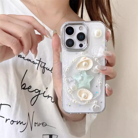 Funda Para Teléfono TPU Transparente 3D Perlas Artificiales Conchas Estrellas De Mar Purpurina Tema Océano Brillante Protectora