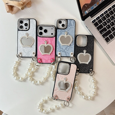 iPhone Case With Large Artificial Pearl Chain Strap Faux Snakeskin Leather Crown Makeup Mirror Rhinestone Luxury Style For Women