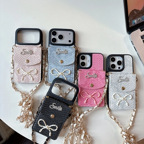 Funda Teléfono Bandolera Cartera Cuero Sintético Patrón Serpiente Lazo Smile Diamantes Imitación Con Cadena