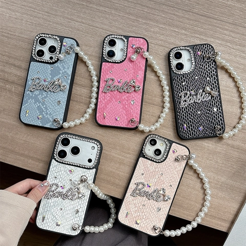 Rhinestone Bow Phone Case Luxury Snake Texture Protective Cover With Artificial Pearl Wrist Chain Strap For Women