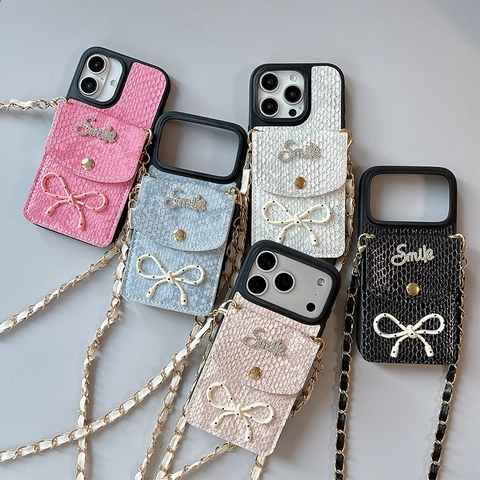 Funda Teléfono Bandolera Cartera Cuero Sintético Patrón Serpiente Lazo Smile Diamantes Imitación Con Cadena
