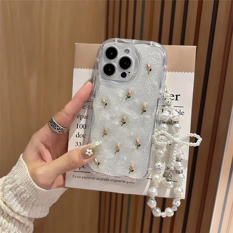 3D Tulip Faux Artificial Pearl Glitter Phone Case Wavy Edge Shockproof TPU Protective Cover Elegant Floral Accessory For Women