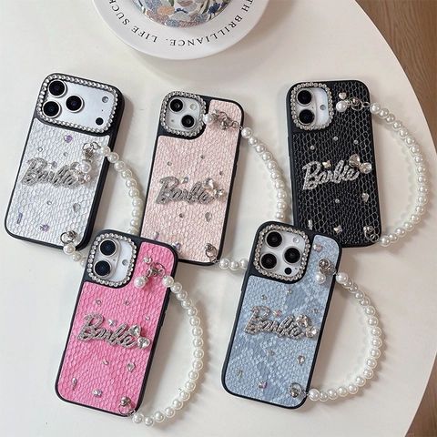 Rhinestone Bow Phone Case Luxury Snake Texture Protective Cover With Artificial Pearl Wrist Chain Strap For Women