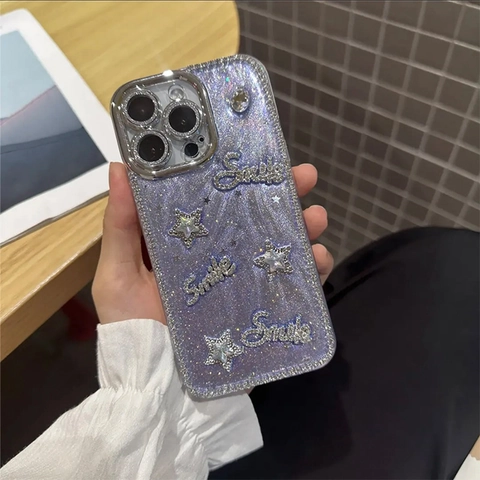 Coque De Téléphone À Paillettes Mauves Pour iPhone Avec Étoile En Strass Lettres Smile Protection Anti Chute Style De Luxe