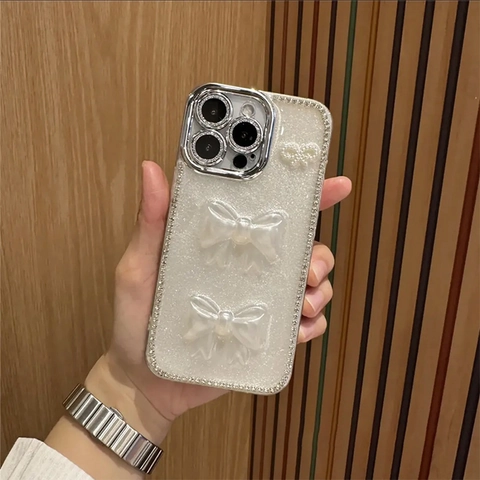 Luxury Bling Glitter Acrylic Phone Cover With Artificial Pearl 3D Bows Rhinestone Edge Metal Camera Ring Protection Elegant
