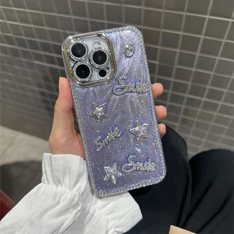Coque De Téléphone À Paillettes Mauves Pour iPhone Avec Étoile En Strass Lettres Smile Protection Anti Chute Style De Luxe