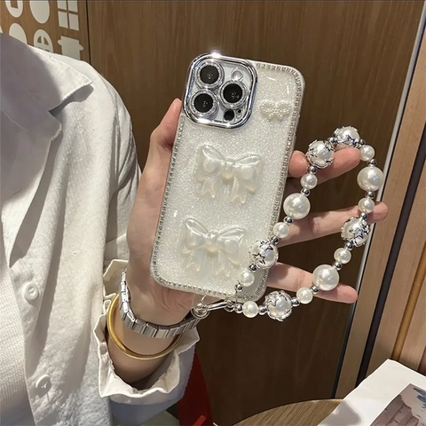 Luxury Bling Glitter Acrylic Phone Cover With Artificial Pearl 3D Bows Rhinestone Edge Metal Camera Ring Protection Elegant