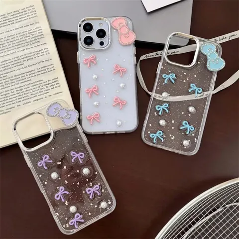 Elegant iPhone Case With 3D Bow Faux Artificial Pearl And Glitter Star Transparent TPU Cover For Girly Fashion Style