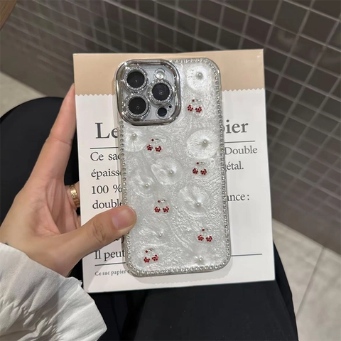 Luxury Rhinestone Artificial Pearl Cherry Phone Case For iPhone Glitter Mother Of Artificial Pearl Texture Shimmering Protective Cover For Women