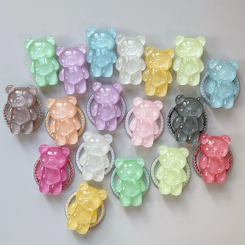 Cute Sparkling Bear Phone Grip Stand Magnetic Retractable Glitter Resin Artificial Pearl Bead Phone Holder For Women Girls
