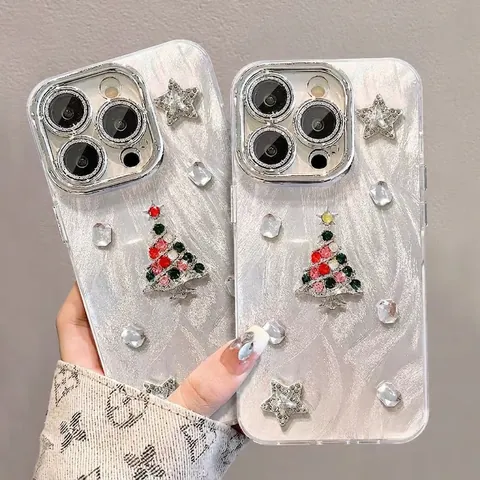 Telefoonhoesje 3D Strassteentjes Kerstboom Glitter Luxe TPU Hoesje Met Kunstparelketting Feestelijk Vakantieaccessoire