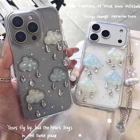 Phone Case With 3D Glitter Cloud And Waterdrop Rhinestone Star Transparent Soft TPU Ins Style Protective Cover