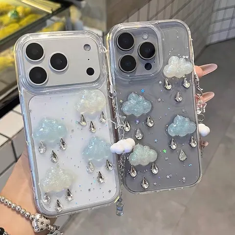 Phone Case With 3D Glitter Cloud And Waterdrop Rhinestone Star Transparent Soft TPU Ins Style Protective Cover