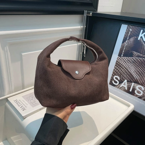 Vintage Minimalist Faux Suede Crossbody Bag Women Dumpling Half Moon Shape Shoulder Bag With Polyester Lining Adjustable Strap Daily Purse