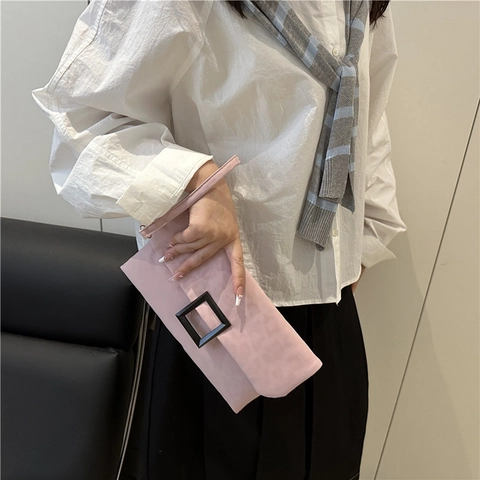 Women Fashion Envelope Clutch Bag Suede Texture Leopard Print Square Buckle Wrist Strap Casual Handheld Purse