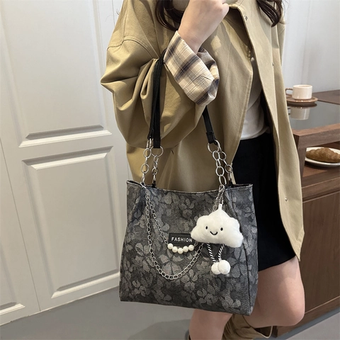 Bolso Tote De Jacquard Floral Para Mujer Bolso De Hombro Vintage Con Estampado De Flores Cadena Metálica Perlas Artificiales Y Colgante De Nube