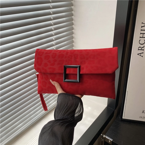 Women Leopard Print Envelope Clutch Bag Suede Texture PU Matte Square Buckle Vintage Wristlet Handbag