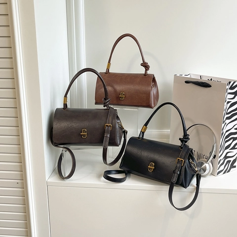 Bolso Pequeño Cuadrado de Cuero PU Retro para Mujer Bolso de Hombro Minimalista de Moda Con Hebilla de Metal Asa Con Nudo Bolso Elegante