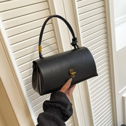 Vintage PU Leather Shoulder Bag With Knot Handle Twist Lock Retro Crossbody Handbag For Women