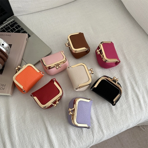 Mini Coin Purse Retro PU Leather Lychee Pattern Kiss Lock Clasp Lipstick Bag Gold Metal Frame Portable Compact Wallet