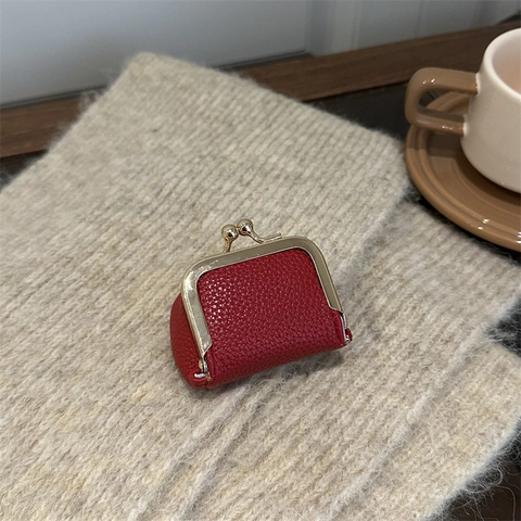 Mini Coin Purse Retro PU Leather Lychee Pattern Kiss Lock Clasp Lipstick Bag Gold Metal Frame Portable Compact Wallet
