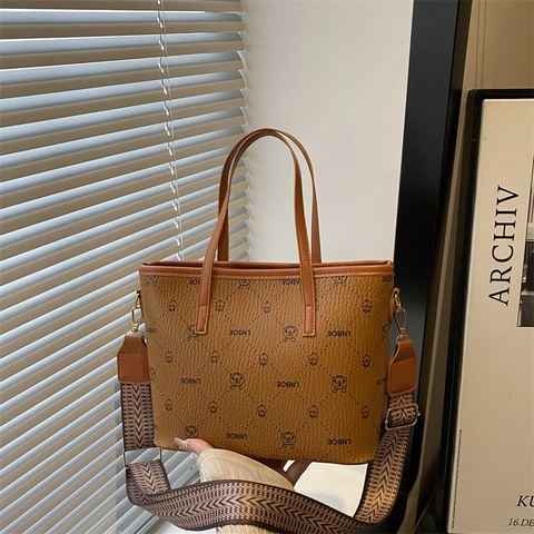 Bolso Tote LNBOE Vintage con Estampado de Monograma para Mujer Cuero PU Bolso de Mano de Gran Capacidad con Correa de Hombro Tejida Ancha Bolso de Viaje