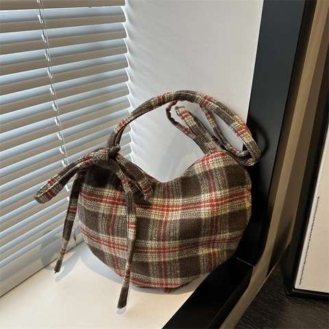 Sac à Épaule Plaid en Forme de Cœur Tissu en Laine Décor de Nœud Grand Capacité Sac à Main pour Femmes Quotidien Style Vintage