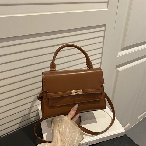 Elegant PU Leather Handbag Gold Turn Lock Top Handle Adjustable Shoulder Strap Retro Square Crossbody Bag For Women