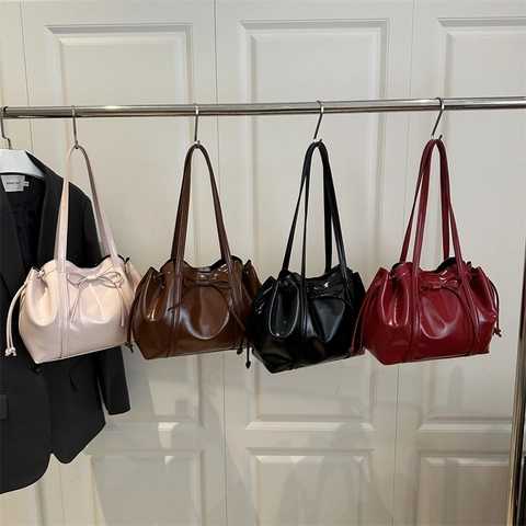 Borsa a Tracolla in Pelle PU Lucida alla Moda con Fiocco e Coulisse per Donna 2025 Nuova Tendenza Sottobraccio Tote Casual Borsa