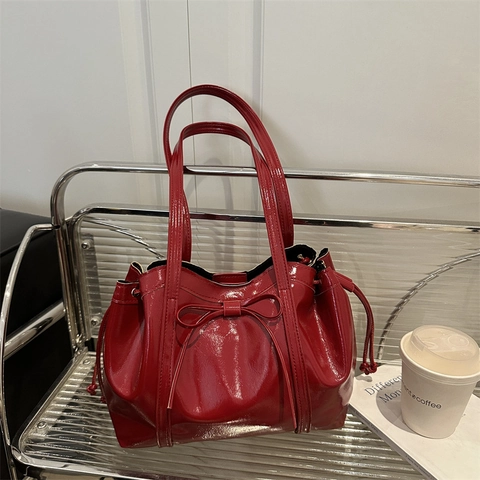 Bolso Tote De Charol Brillante Con Lazo Y Cordón Gran Capacidad Bolso De Hombro Para Mujer Uso Diario