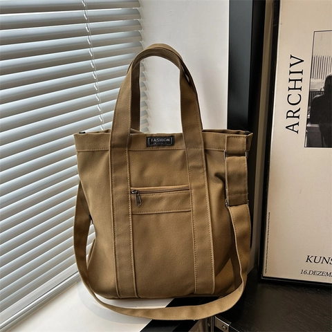 Bolso de Hombro de Lona Lavada Vintage para Mujer Gran Capacidad Color Sólido Bolso Tote Retro Bolso Bandolera Daily Travel Fashion