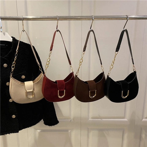 Sac Sous le Bras Vintage en Cuir PU et Suédine Pour Femmes Boucle en U Dorée Minimaliste Bandoulière Chaîne Sac Hobo