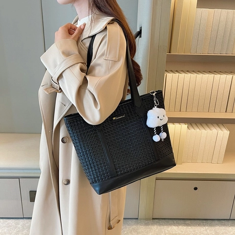 Women Woven PU Leather Tote Bag Large Capacity Handbag With Cloud Plush Pendant Dual Straps Korean Style Commuter Shoulder Bag