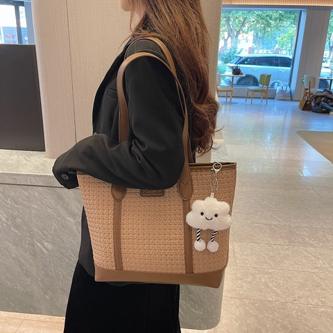 Women Woven PU Leather Tote Bag Large Capacity Handbag With Cloud Plush Pendant Dual Straps Korean Style Commuter Shoulder Bag