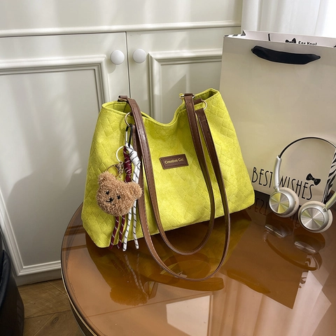 Borsa Tote Da Donna Trapuntata Con Motivo A Rombi Grande Capacità Borsa A Spalla In Velluto A Coste Con Ciondolo Orso