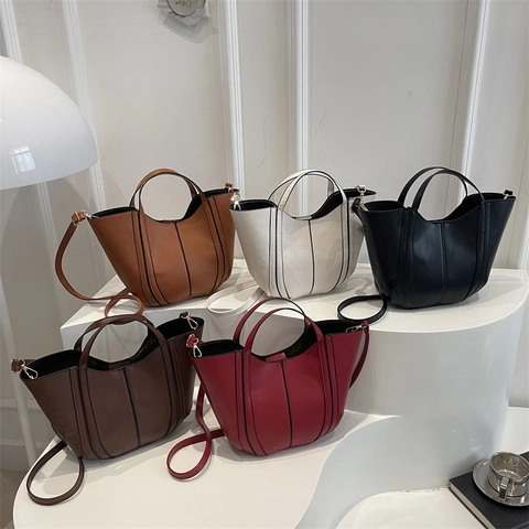 Borsa A Secchiello Da Donna In Pelle PU Borsa A Mano Grande Capacità Con Tracolla Regolabile Cuciture Verticali Stile Retro Minimalista