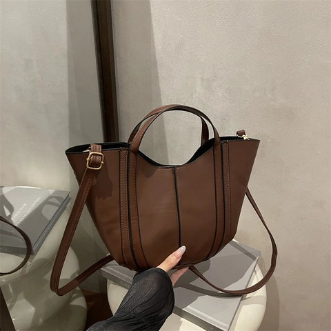 Damen Schulter Eimertasche PU Leder Kontrastnähte Handtasche Mit Verstellbarem Gurt Täglich Lässig Trend