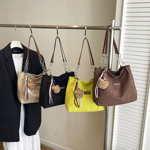 Sac À Main Fourre-Tout En Velours Côtelé Pour Femmes Grande Capacité Vintage Décontracté Avec Chaîne En Métal Et Sangle En Cuir