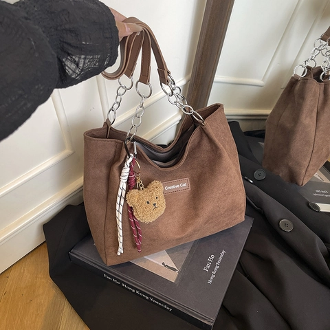Sac À Main Fourre-Tout En Velours Côtelé Pour Femmes Grande Capacité Vintage Décontracté Avec Chaîne En Métal Et Sangle En Cuir
