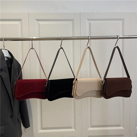 Vintage French Underarm Shoulder Bag For Women Faux Suede Small Square Handbag Retro Matte Synthetic Leather Purse Chic Bag