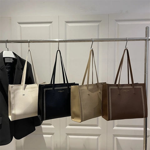 Bolso Tote de Gran Capacidad para Mujer Textura Lichi Cuero PU Bolso de Hombro Vintage Con Costuras Blancas para Viaje Diario