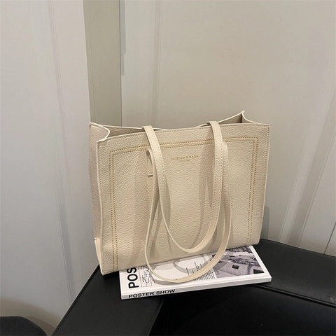 Large Capacity Tote Bag Women Litchi Texture PU Leather Commuter Shoulder Underarm Bag Minimalist Retro Functional