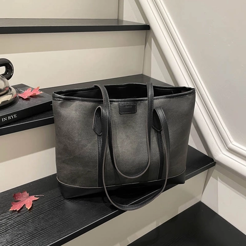 Bolso Tote Gran Capacidad Cuero PU Lona Patchwork Conmutar Bolso De Hombro Simple Estilo Urbano Mujeres