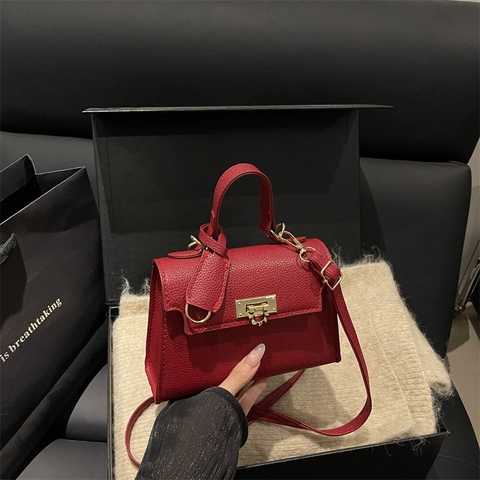 Women Handbag Litchi Grain PU Leather Gold Lock Top Handle Crossbody Shoulder Bag Elegant Commuter Fashion Solid Color